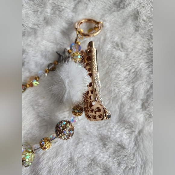 Gold and Brown Beaded Bag Charm Chain And Keychain Set Studded Boot Animal Print - Picture 8 of 16